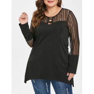 

Plus Size Lace Panel Asymmetrical T-shirt, Black