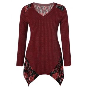 

Plus Size V Neck Floral Splicing Handkerchief Sweater, Red wine