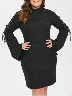 Plus Size Lace Up Sleeve Bodycon Dress - BLACK - L
