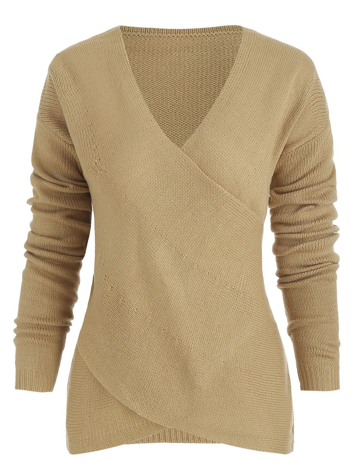 

Criss Cross Wrap V Neck Knitted Sweater, Khaki