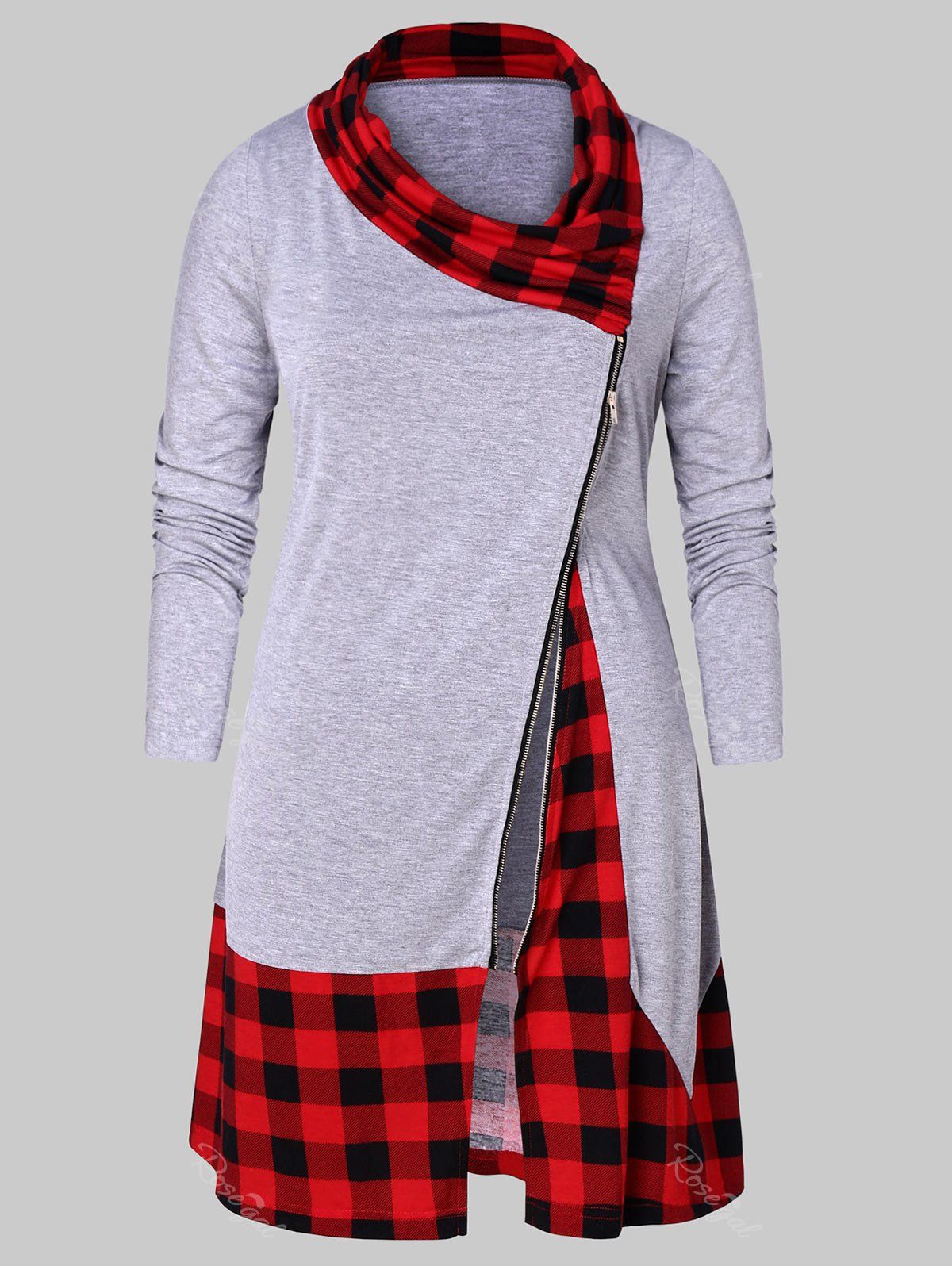 

Plus Size Plaid Splicing Zip Fly T-shirt, Gray cloud