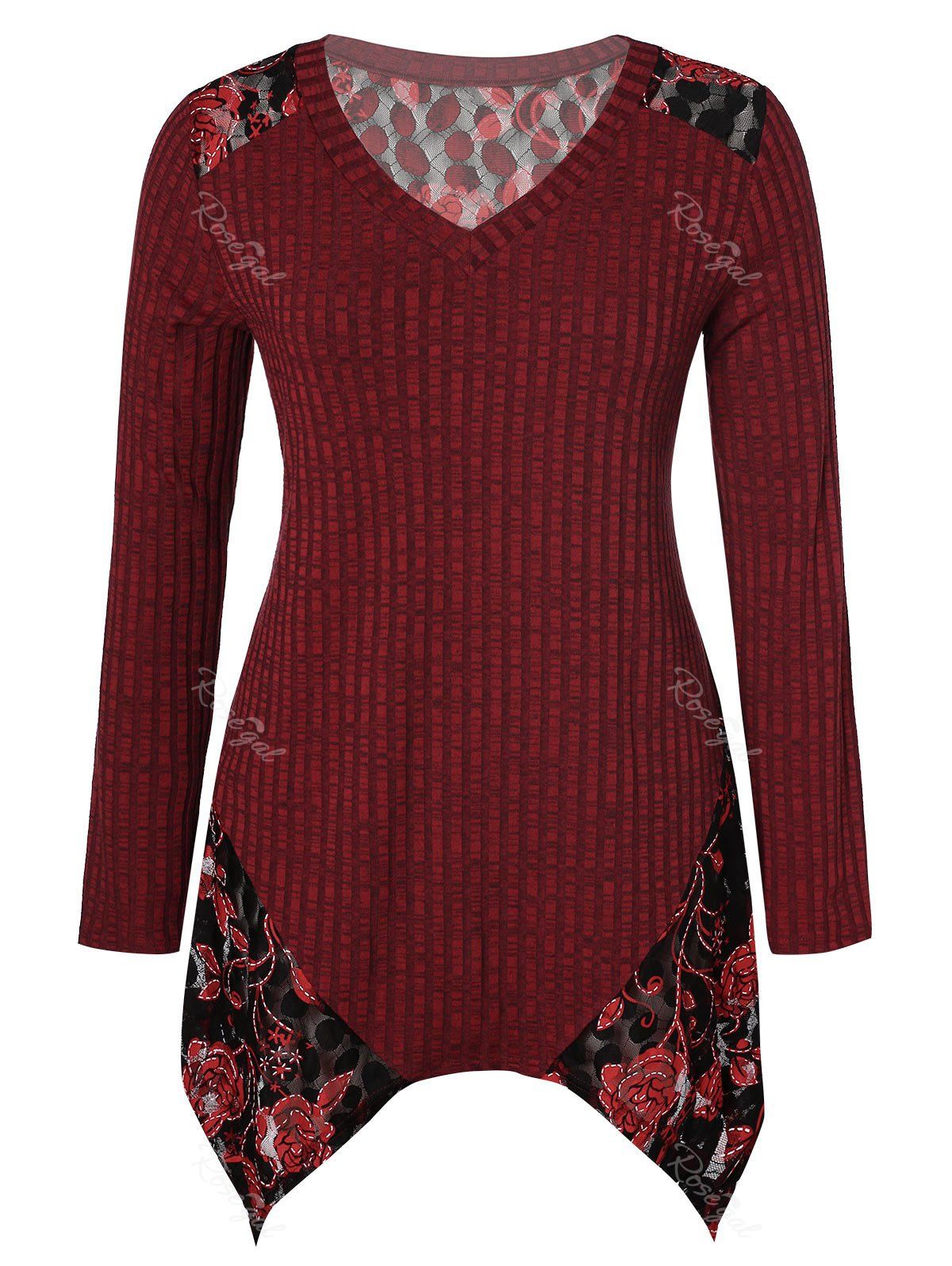 

Plus Size V Neck Floral Splicing Handkerchief Sweater, Red wine