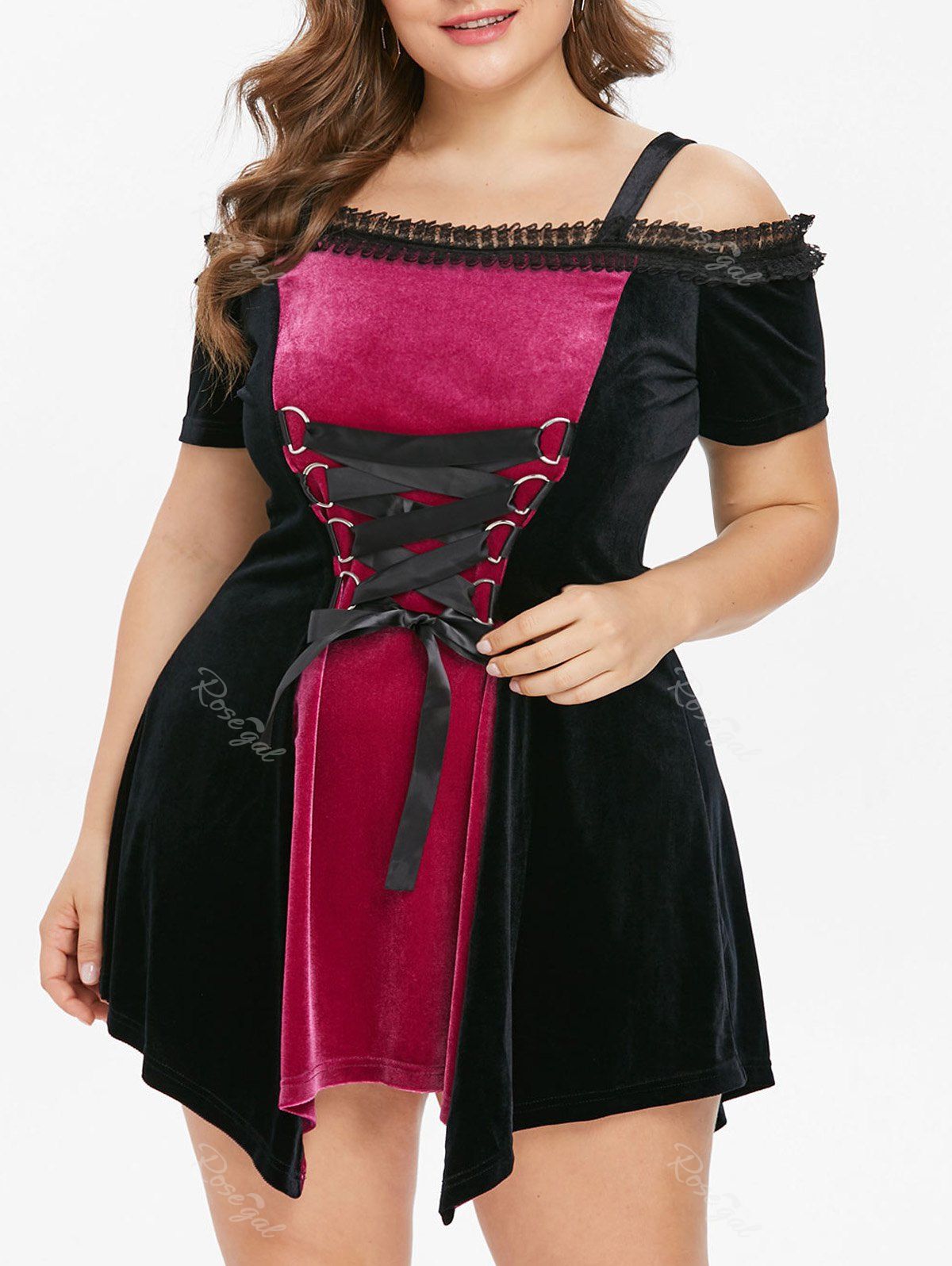 

Plus Size Cold Shoulder Lace Up Mini Dress, Black