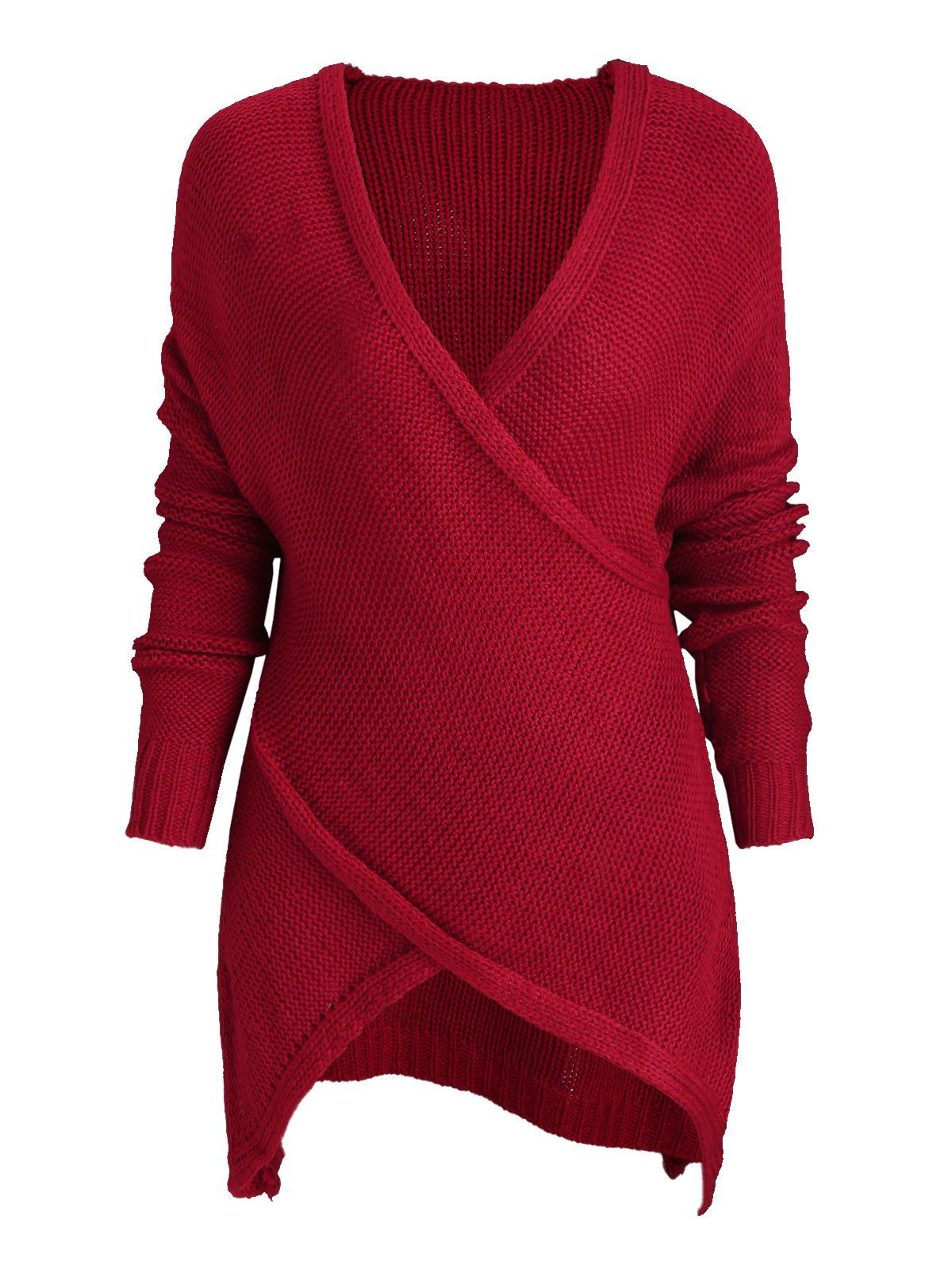 

V Neck Crisscross Wrap High Low Sweater, Red wine