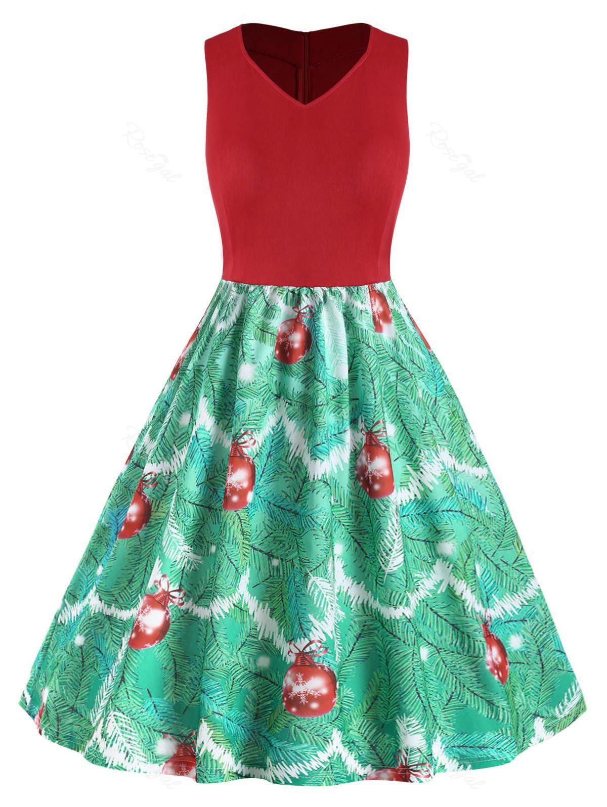

Plus Size Vintage Christmas High Waisted Printed Dress, Red