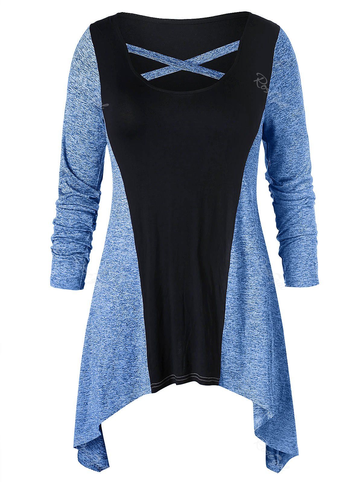

Plus Size Color Block Criss Cross Asymmetrical T-shirt, Dodger blue