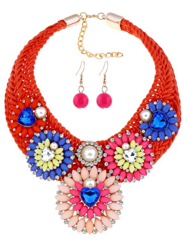

Handmade Woven Floral Rhinestoned Jewelry Set, Red