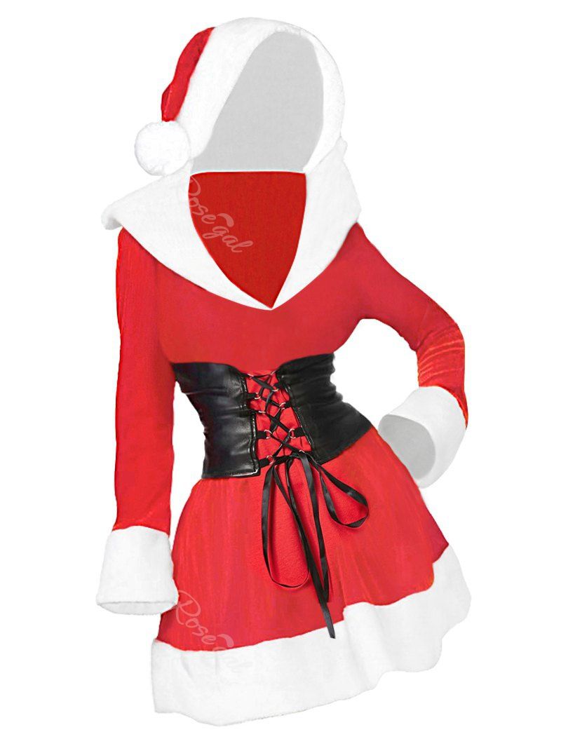 

Plus Size Contrast Hooded Christmas Dress, Red