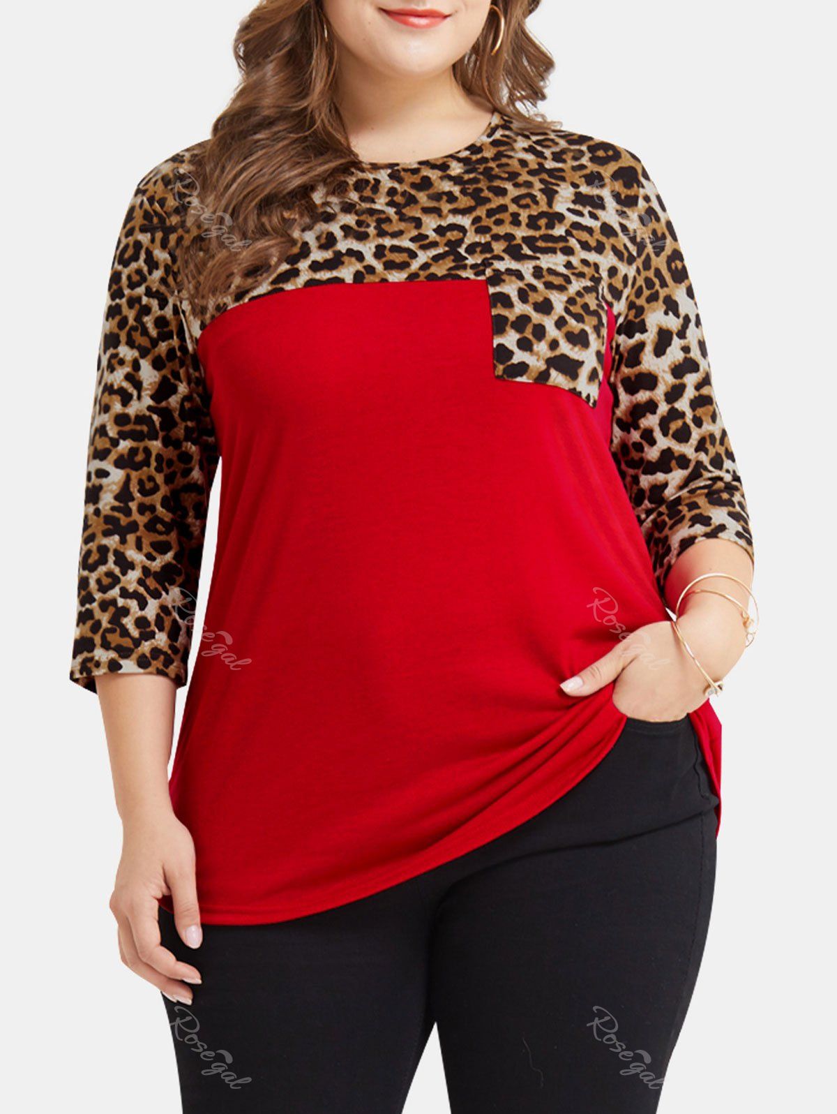 

Leopard Print Pocket Plus Size T-shirt, Red