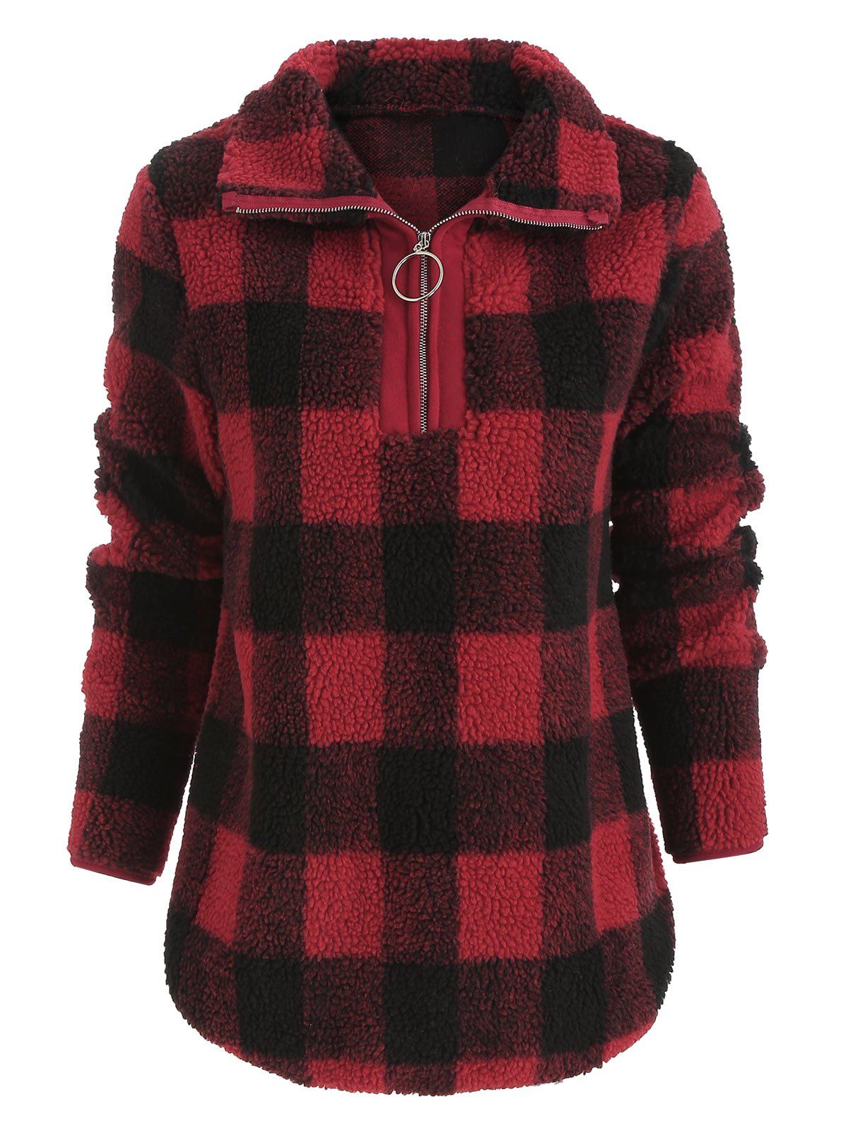 

Faux Fluffy Half Zip Checked Sweatshirt, Ruby red