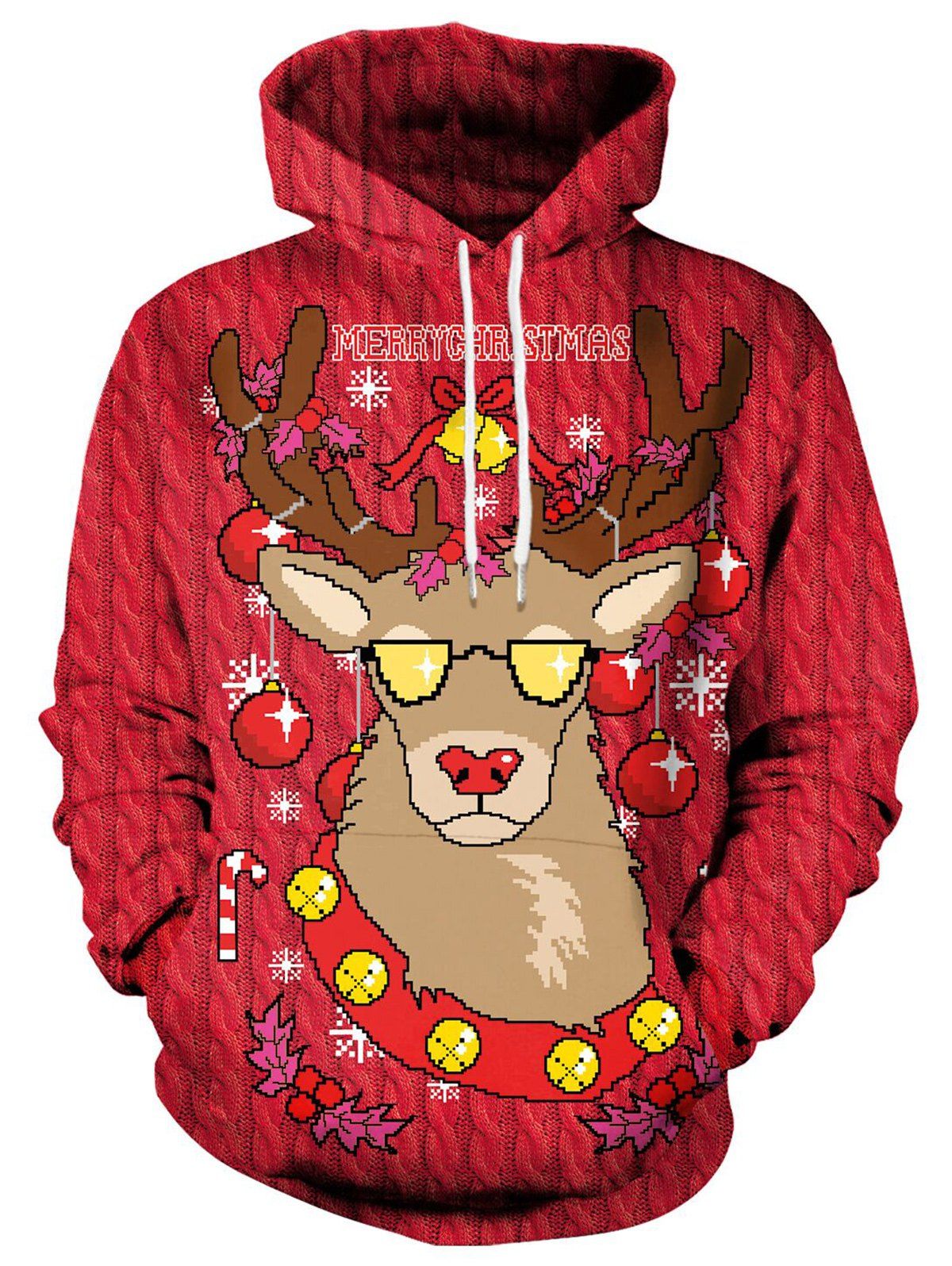 

Drawstring Christmas Elk Print Hoodie, Red