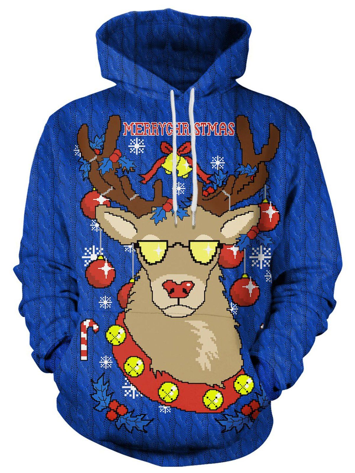 

Drawstring Christmas Elk Print Hoodie, Blue