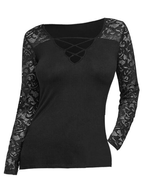 

Long Sleeve Lace Insert Criss Cross T-shirt, Black