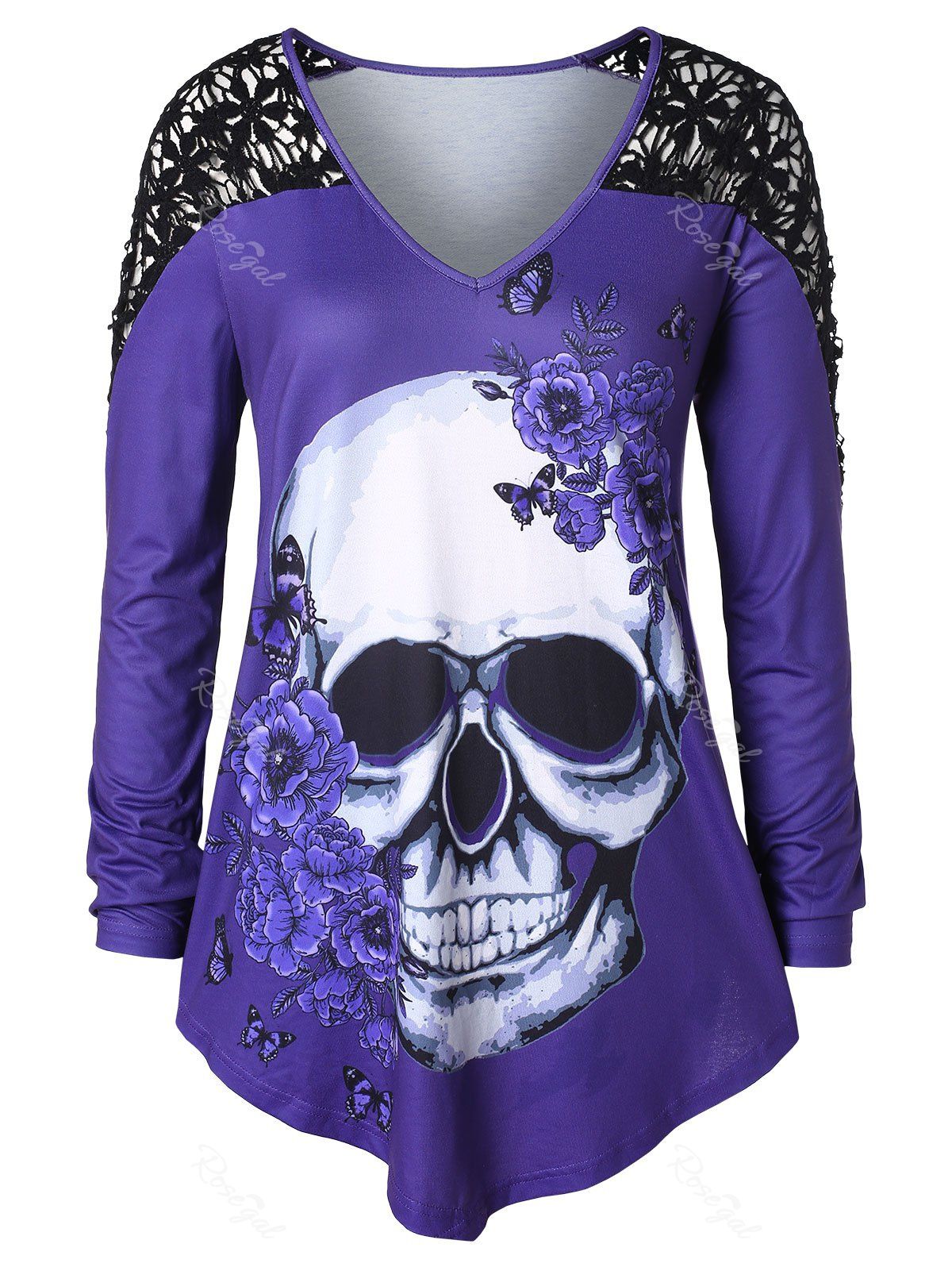 

Plus Size Skull Print Crochet High Low T-shirt, Multi