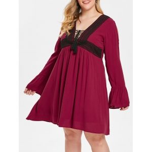 

Plus Size Lace Up Two Tone Plunging Dress, Red wine
