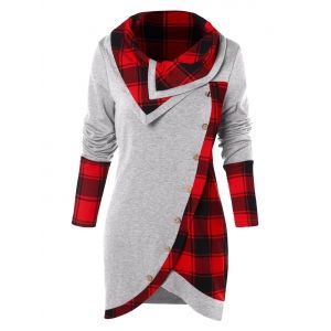 

Tartan Panel Long Sleeve Asymmetrical T-shirt, Light gray