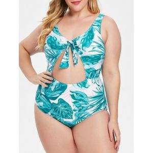 

Knotted Plus Size Leaf Print Swimwear, Multi