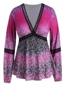 Plus Size Paisley Plunging Peplum Top with Lace - NEON PINK - L