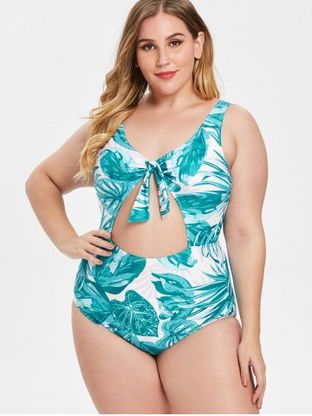 Knotted Plus Size Leaf Print Swimwear
