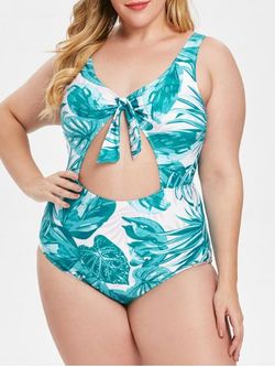 Knotted Plus Size Leaf Print Swimwear - MULTI - 1X