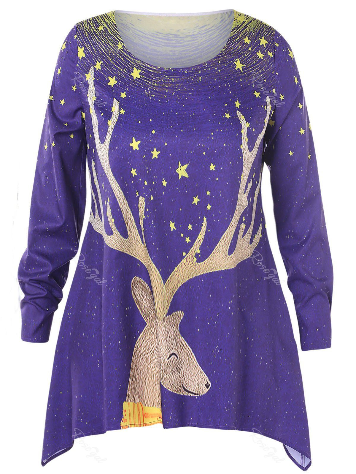 

Christmas Plus Size Elk Print Asymmetrical T-shirt, Purple