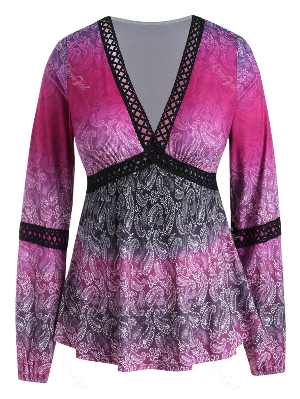 

Plus Size Paisley Plunging Peplum Top with Lace, Neon pink