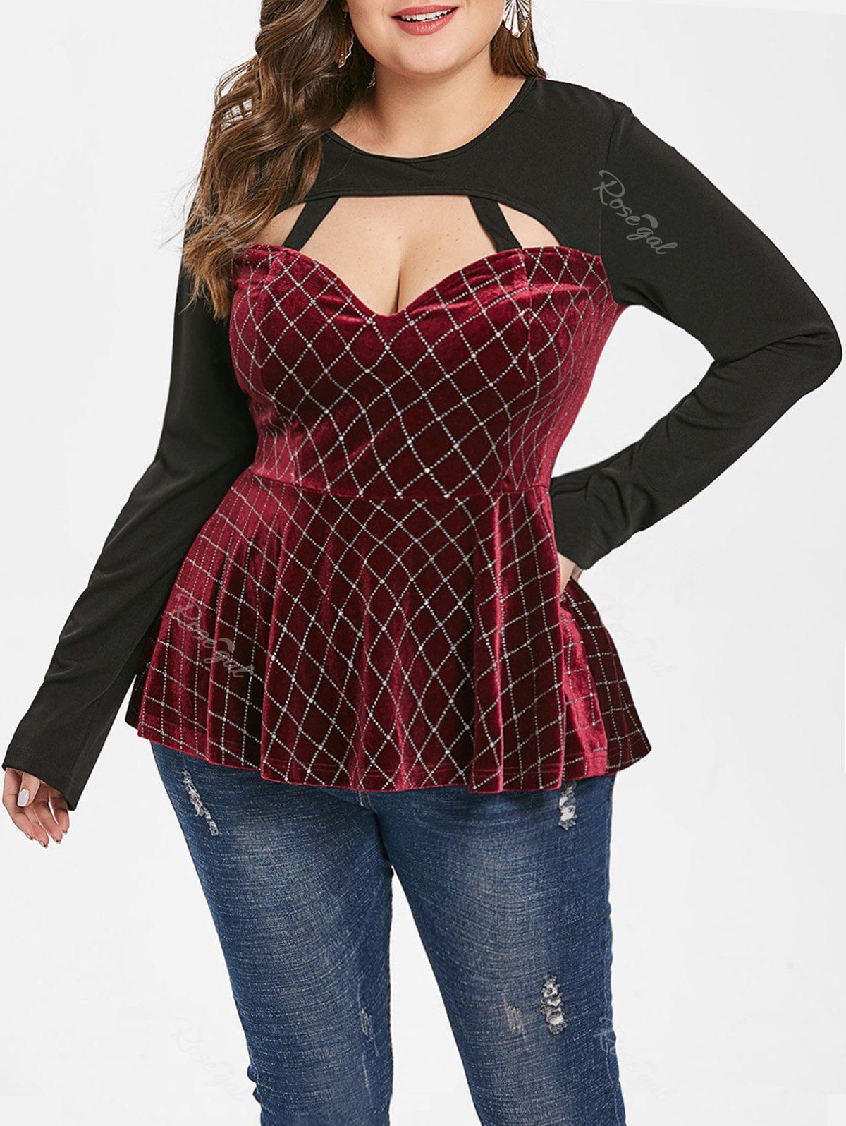 

Plus Size Plaid Cut Out Skirted T-shirt, Red wine