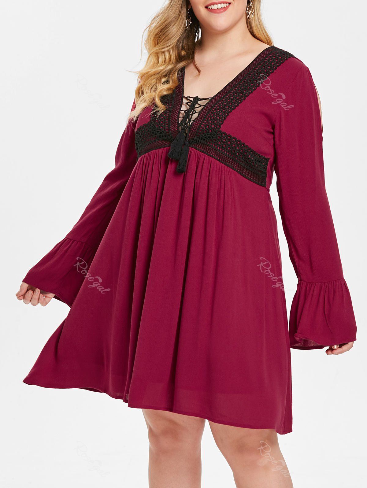 

Plus Size Lace Up Two Tone Plunging Dress, Red wine