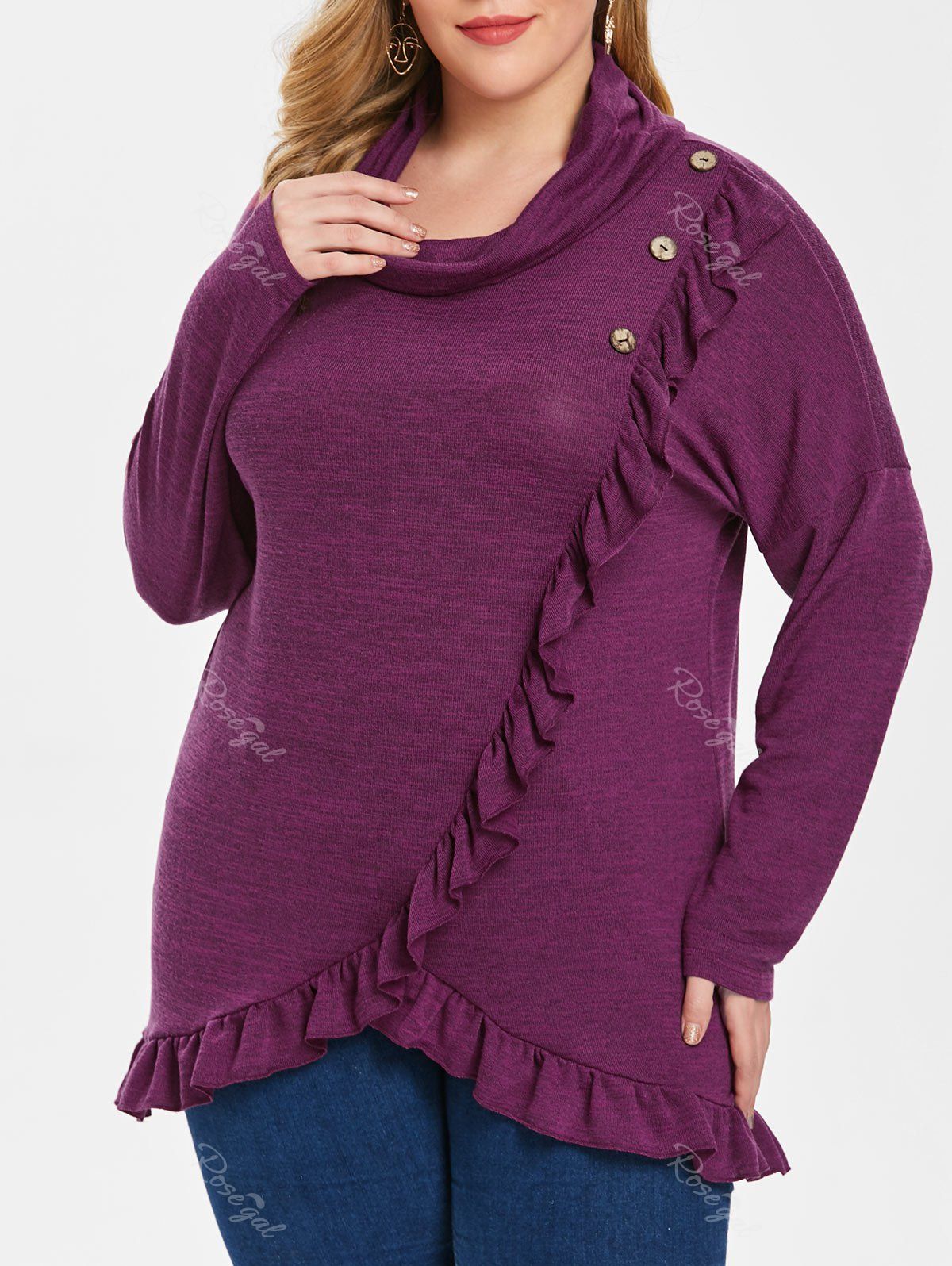 

Turtleneck Ruffle Hem Asymmetrical Plus Size T-shirt, Plum velvet