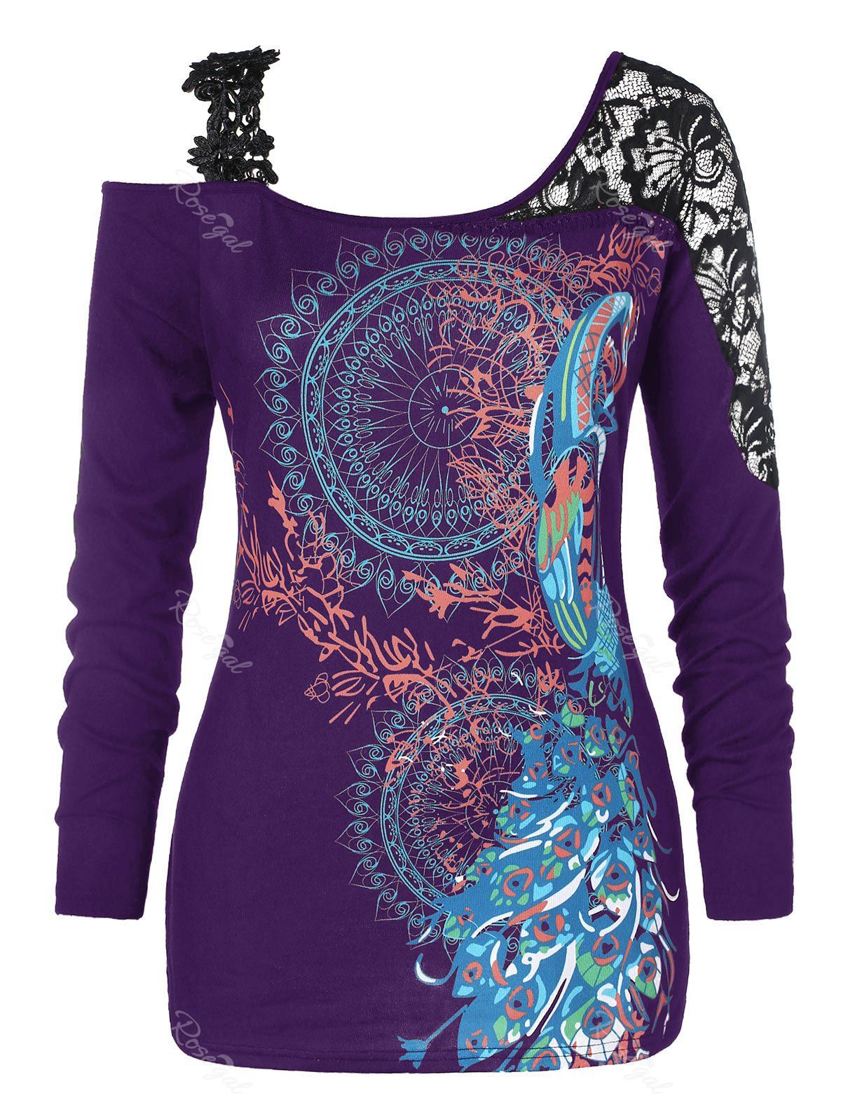 

Plus Size Ethnic Print Open Shoulder T-shirt, Purple iris