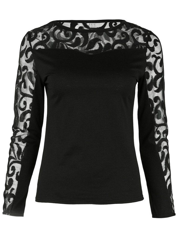 

Long Sleeve Mesh Insert Top, Black