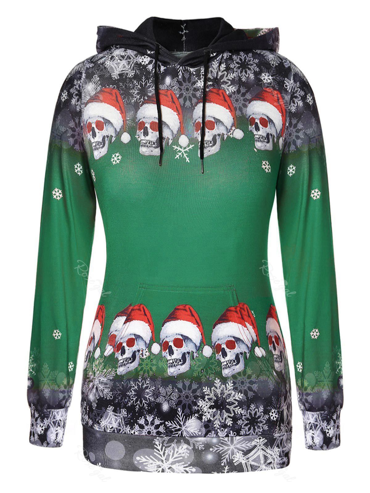 

Plus Size Pullover Skulls Snowflake Christmas Hoodie, Pine green