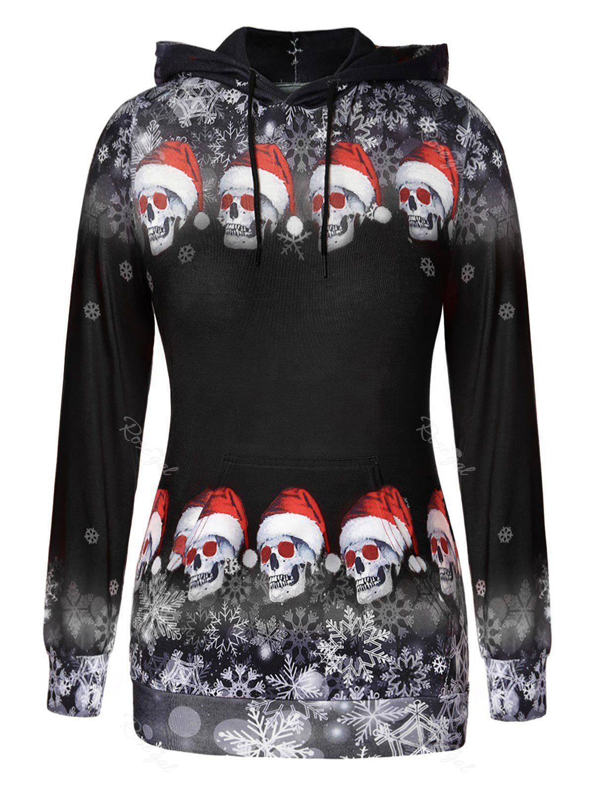 Plus Size Pullover Skulls Snowflake Christmas Hoodie, Black