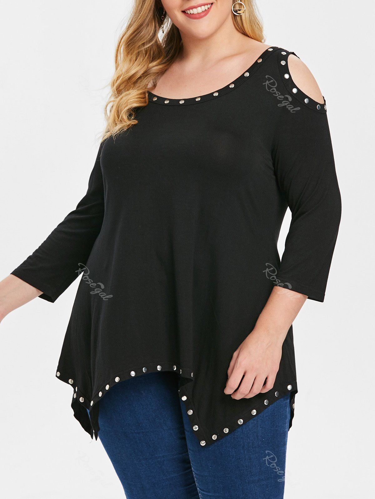 

Plus Size Cold Shoulder Rivets Tee, Black
