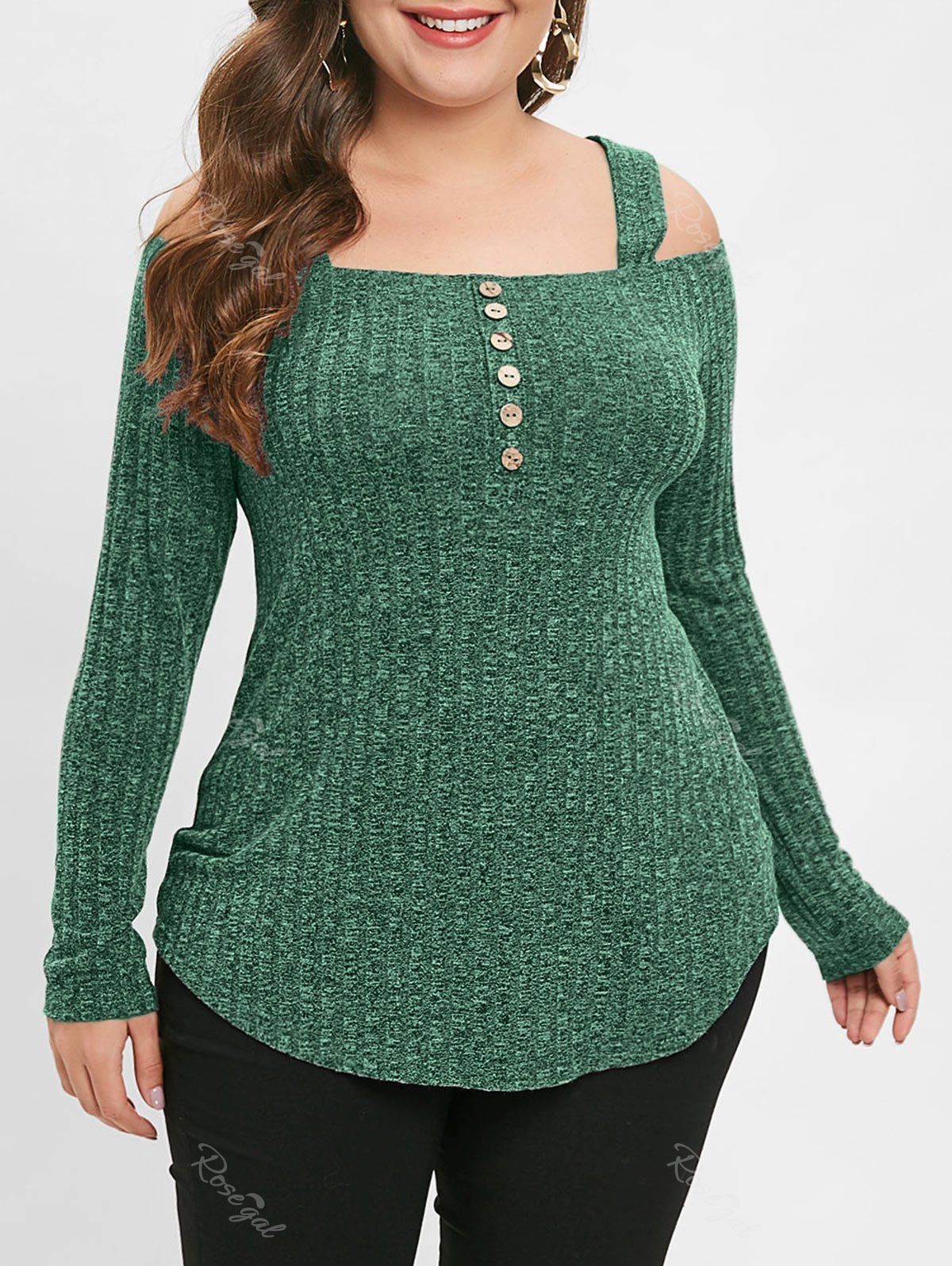 

Plus Size Open Shoulder Marled Knit Top, Clover green