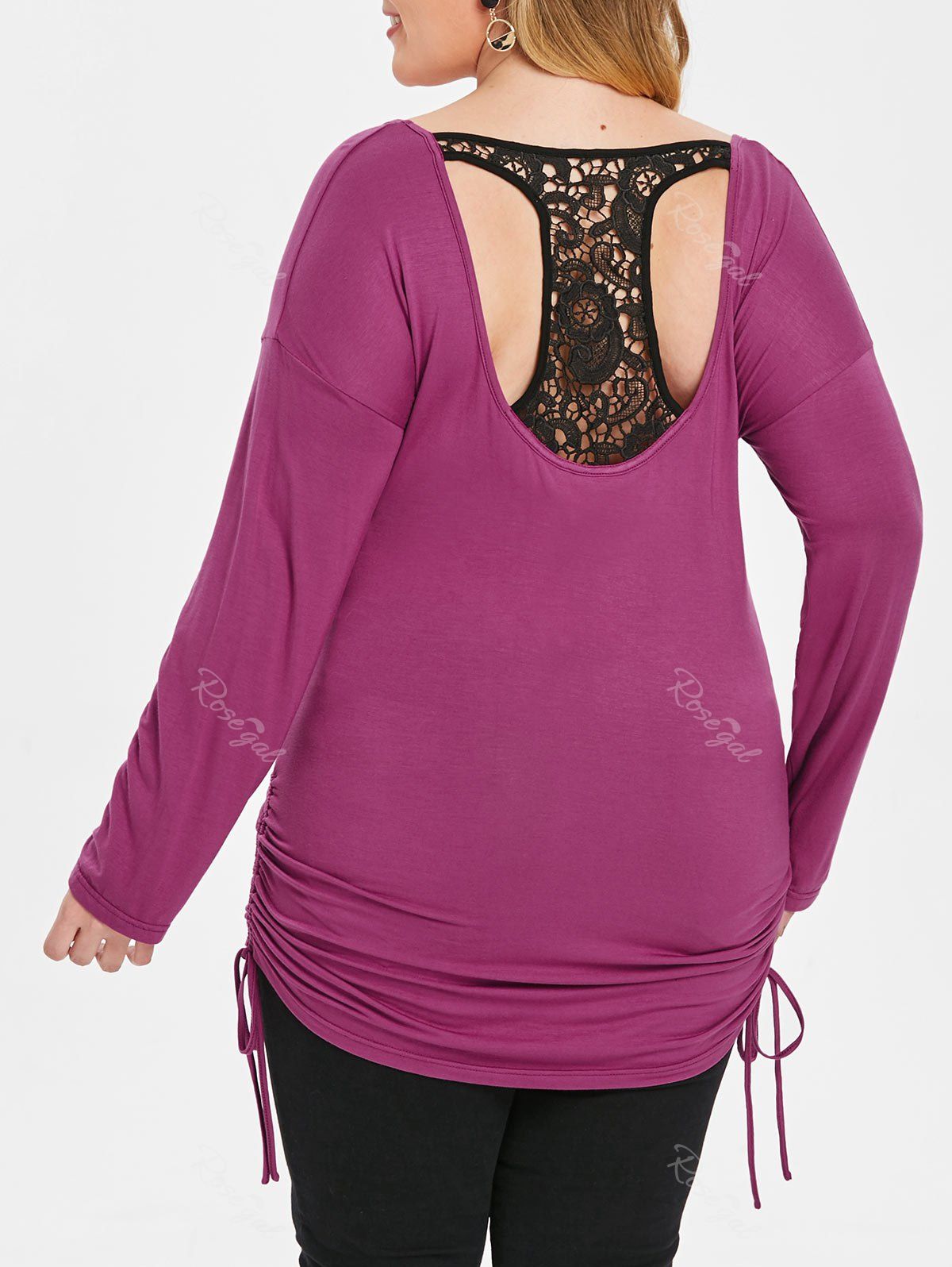 

Plus Size Lace Insert Cut Out Long T-shirt, Purple