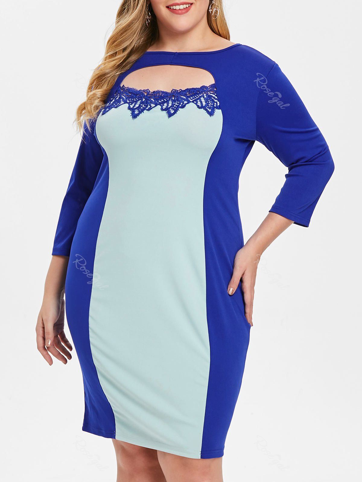 

Plus Size Cut Out TwoTone Sheath Dress, Blueberry blue