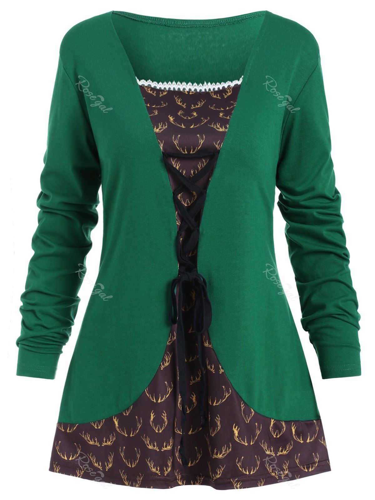 Lace Up Plus Size Christmas Print T-shirt, Green