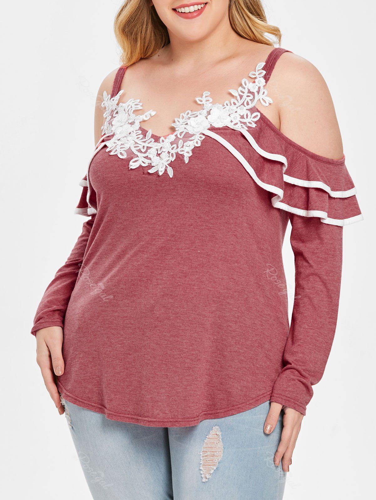 

Layered Ruffle Plus Size Applique T-shirt, Bean red