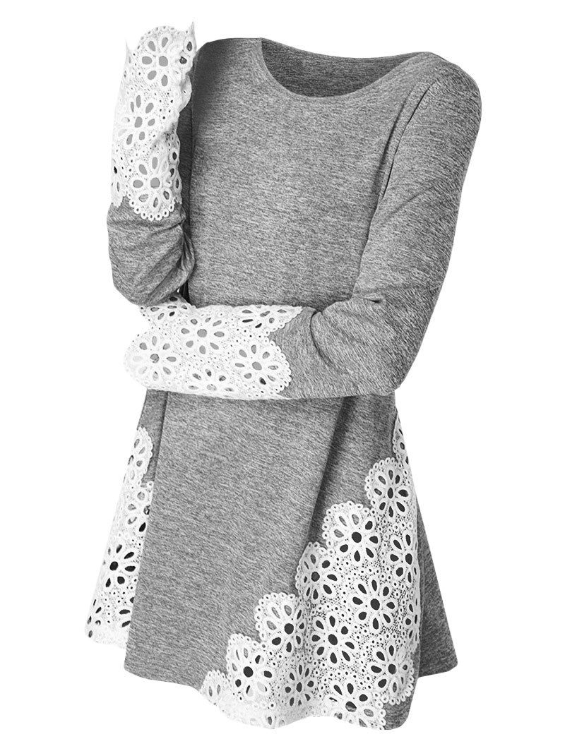 

Lace Panel Long Sleeve Top, Light gray