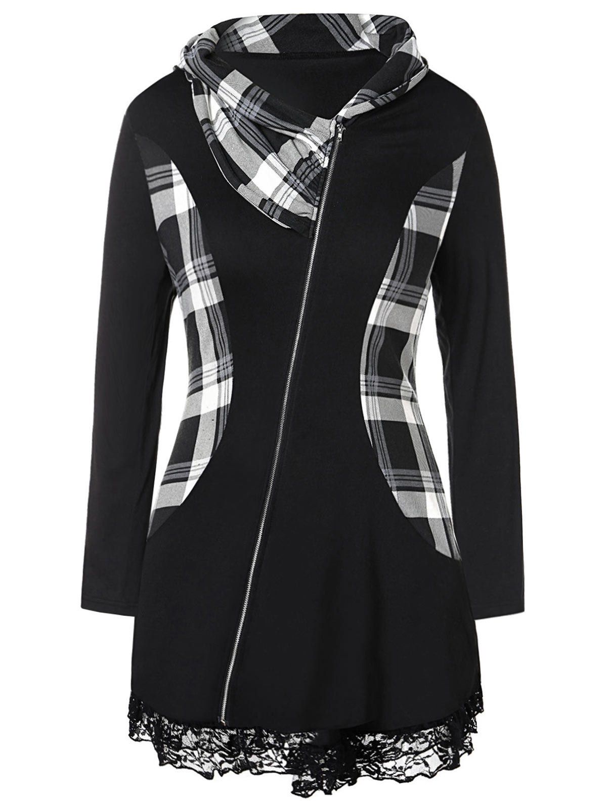 

Plus Size Lace Insert Plaid Zip Fly Coat, Black