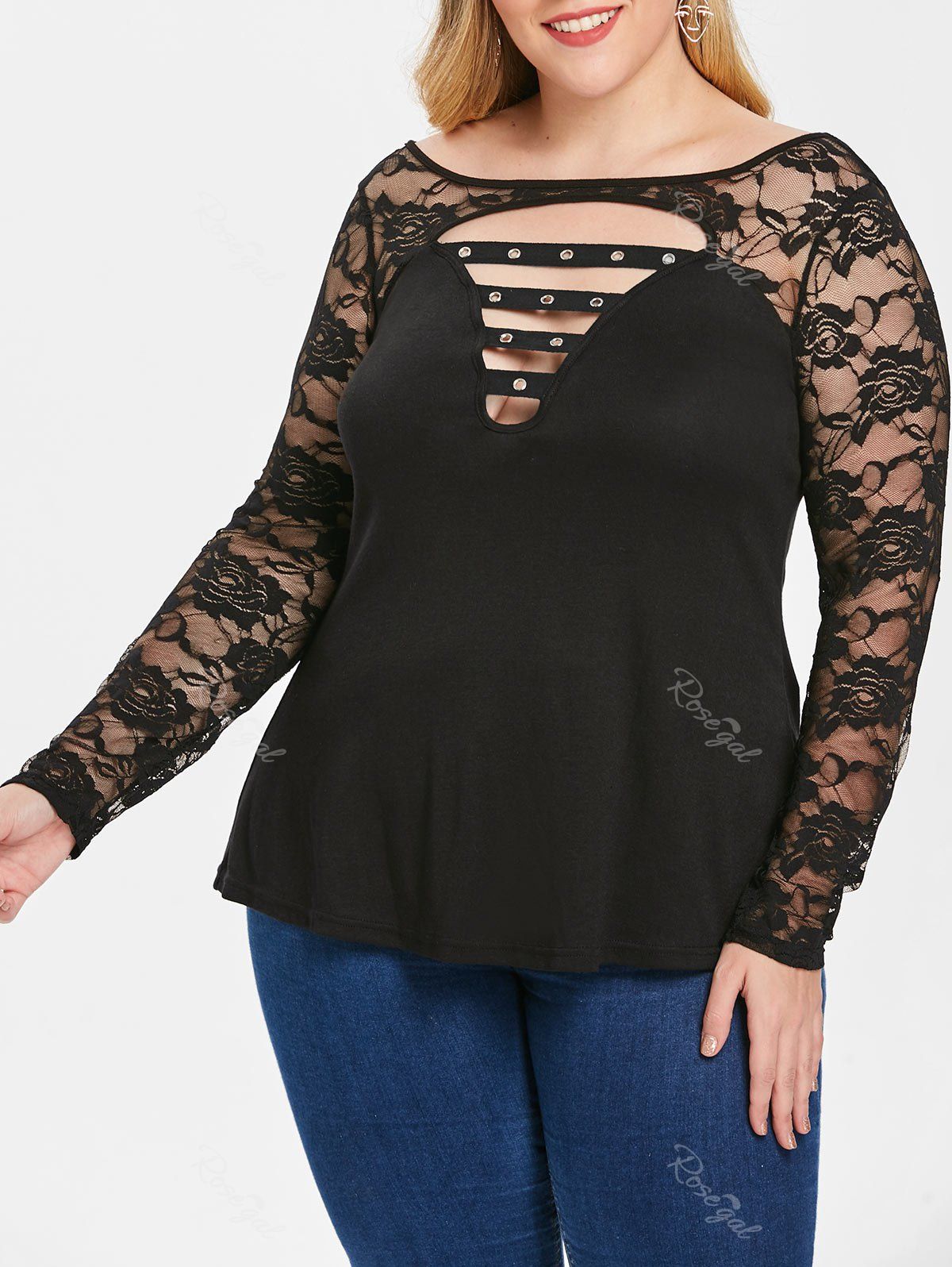 

Plus Size Lace Insert Cut Out T-shirt, Black