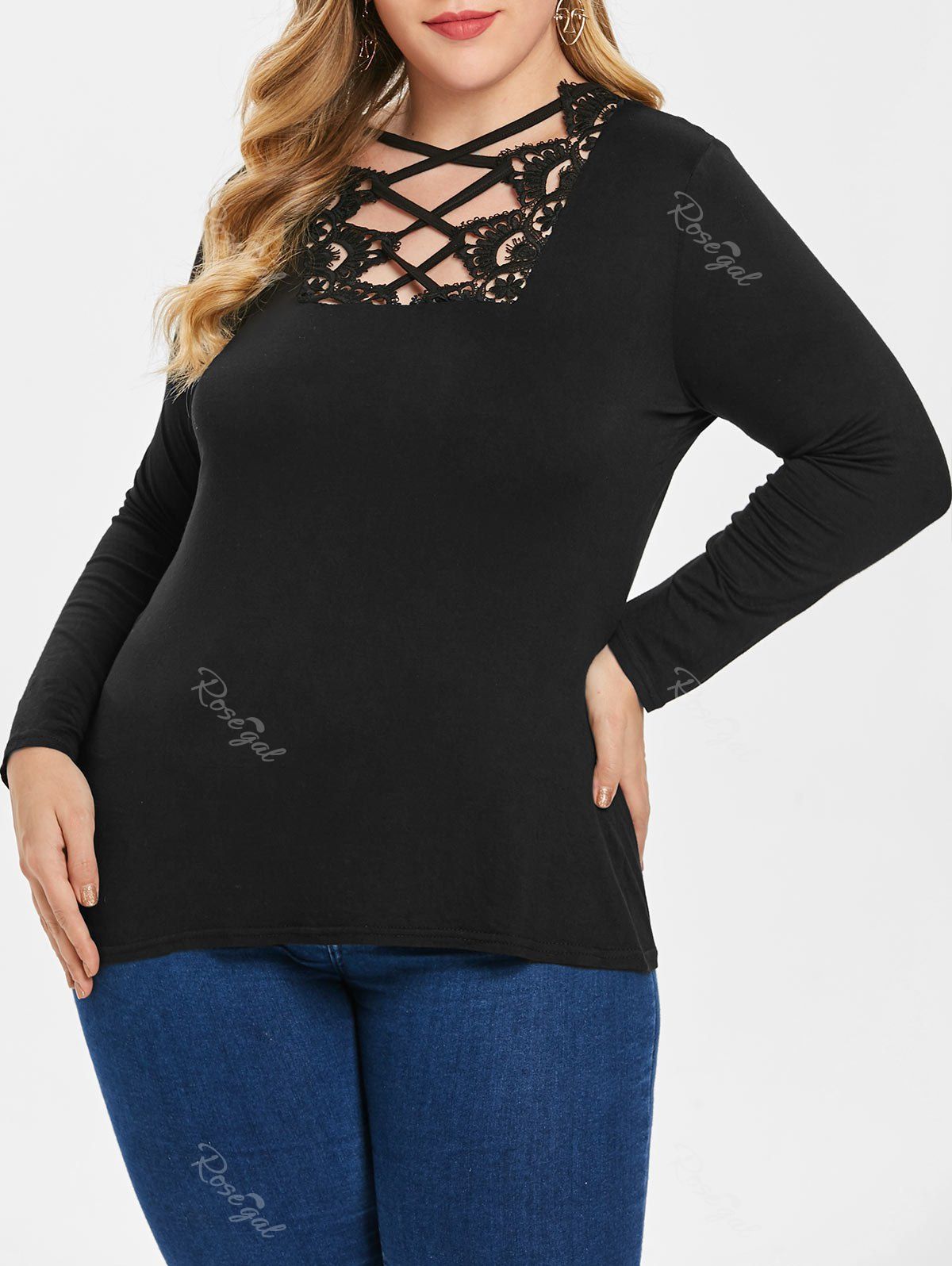 

Plus Size Solid Color Criss Cross T-shirt, Black