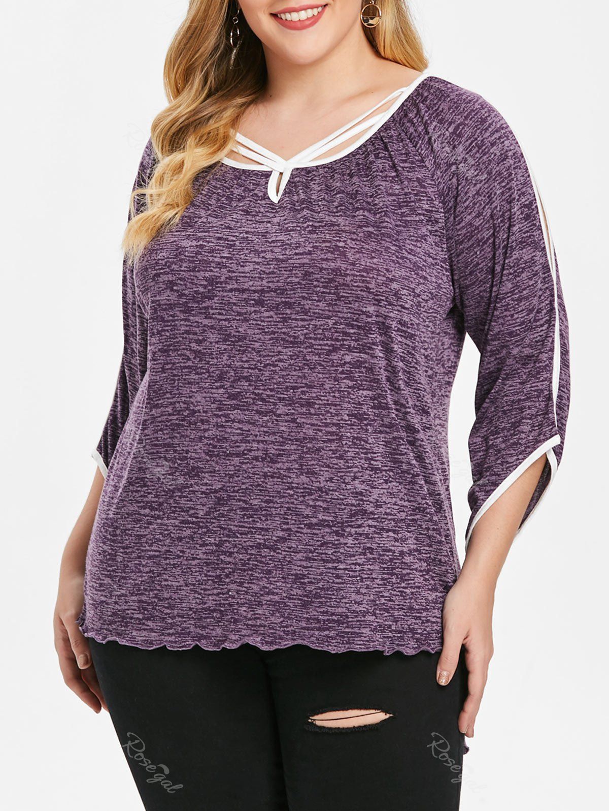 

Plus Size Cut Out Slit Sleeve T-shirt, Dark orchid