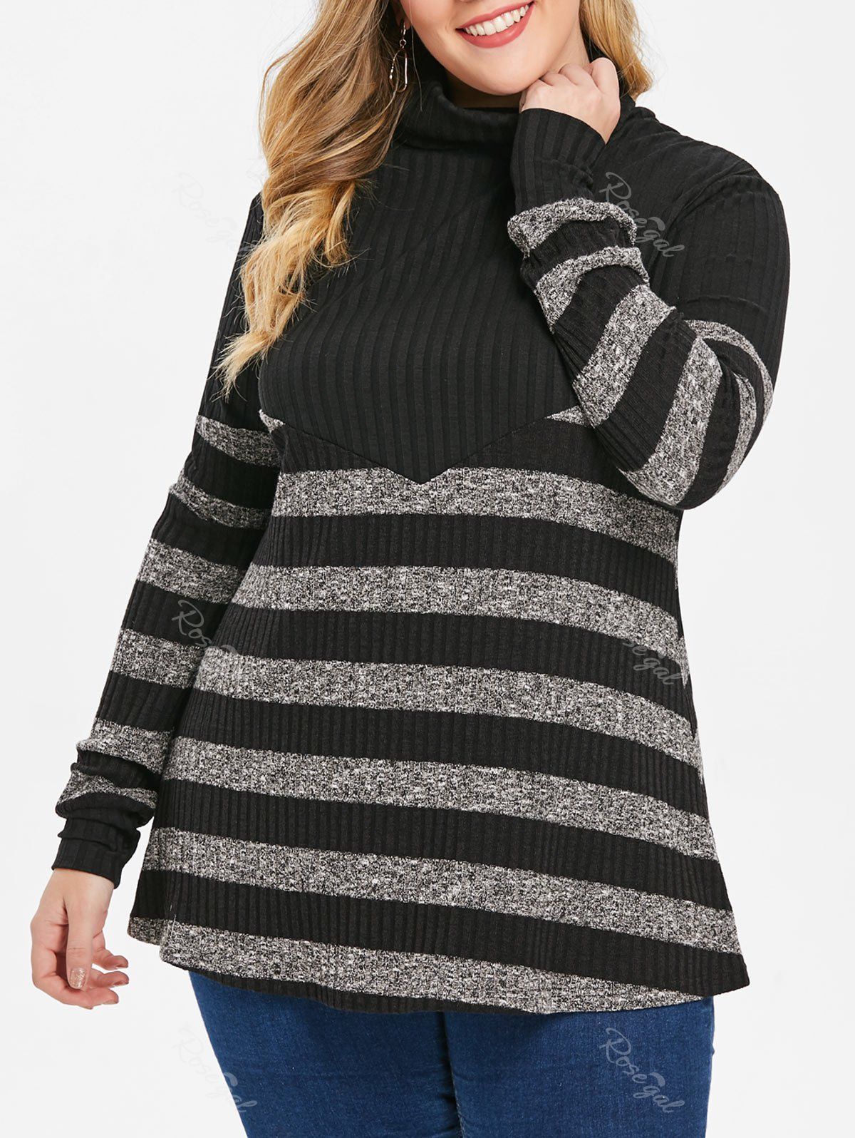 

Plus Size Turtleneck Stripe Sweater, Gray