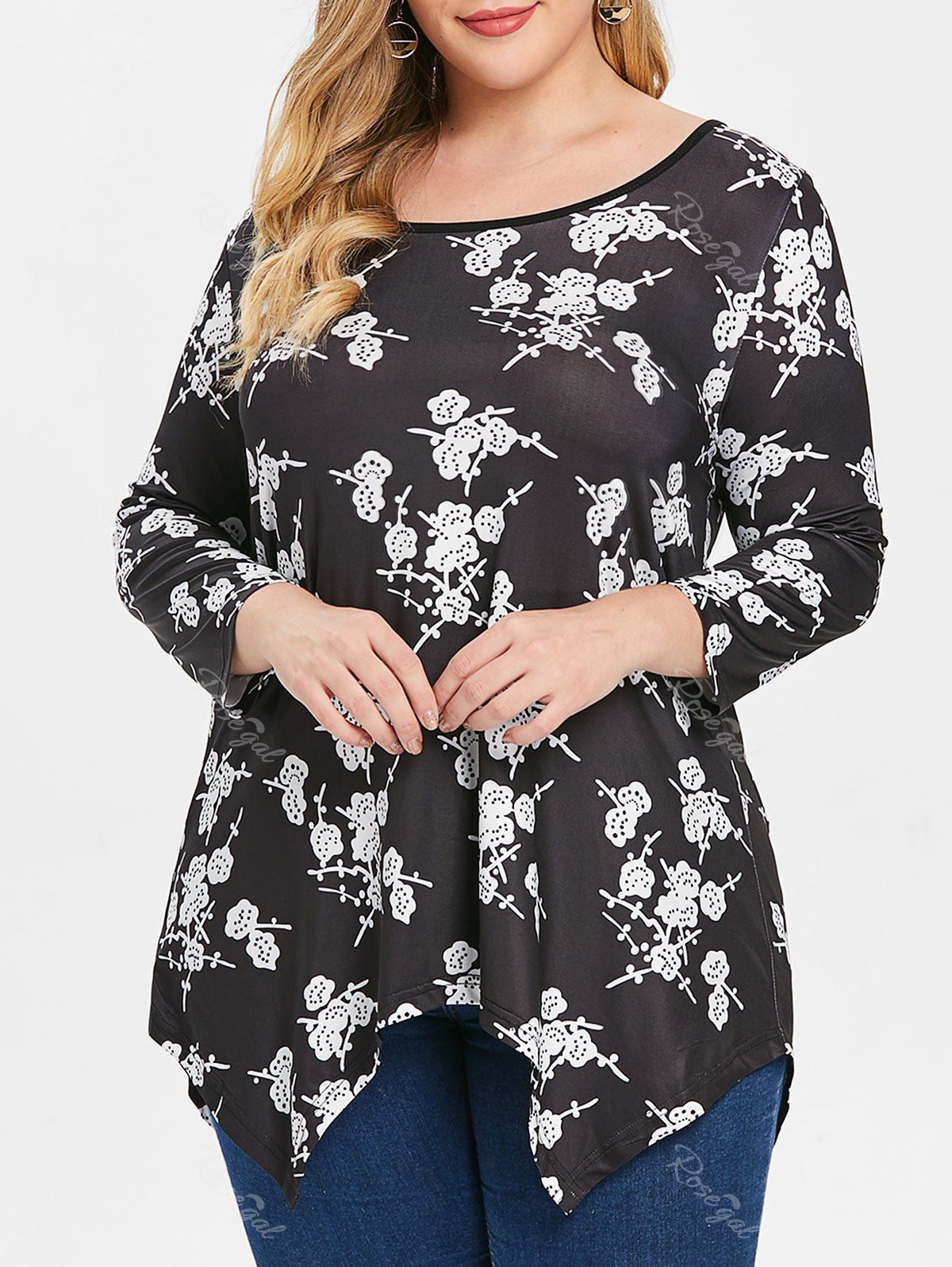 

Plus Size Floral Three Quarter Sleeve High Low T-shirt, Black