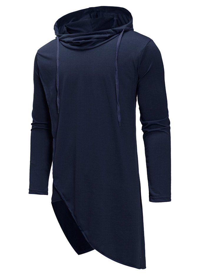 

Irregular Solid Color Drawstring Hooded Shirt, Cadetblue
