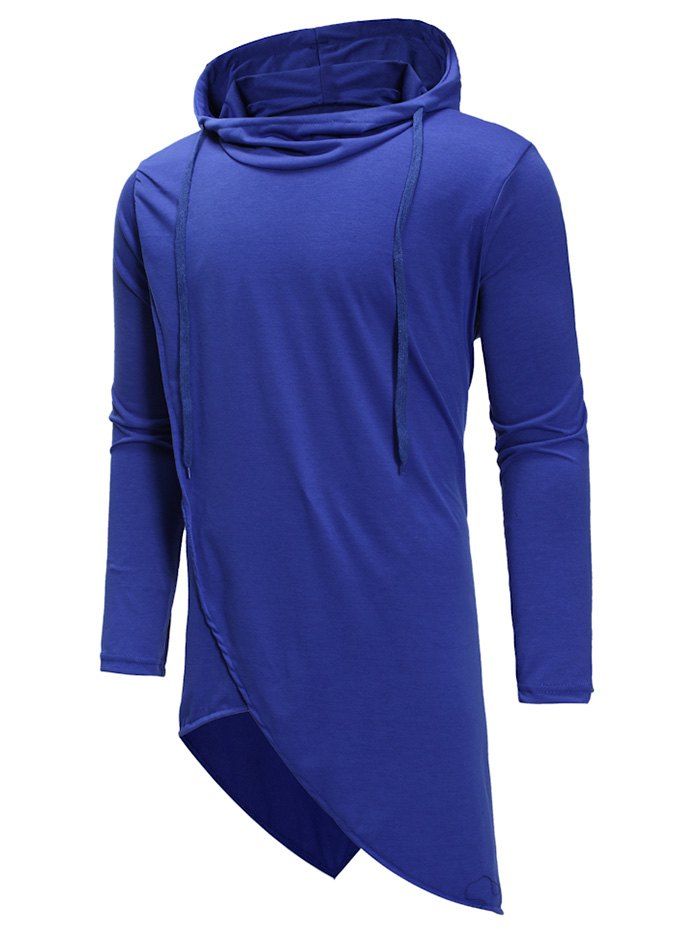 

Irregular Solid Color Drawstring Hooded Shirt, Blue