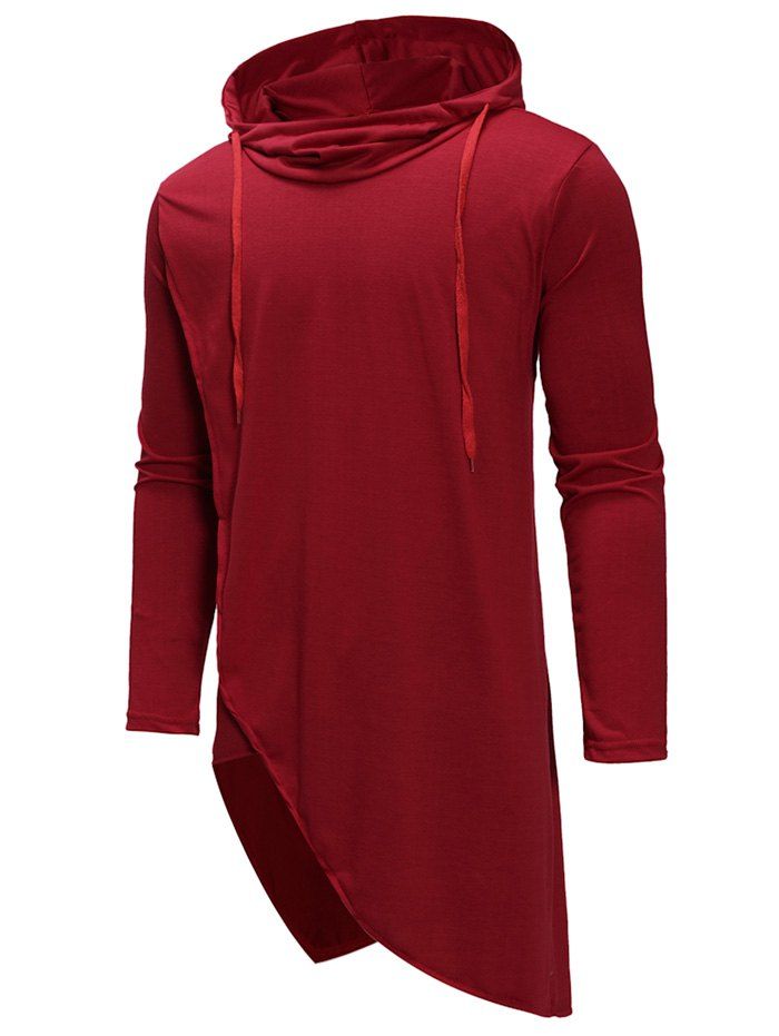 

Irregular Solid Color Drawstring Hooded Shirt, Red