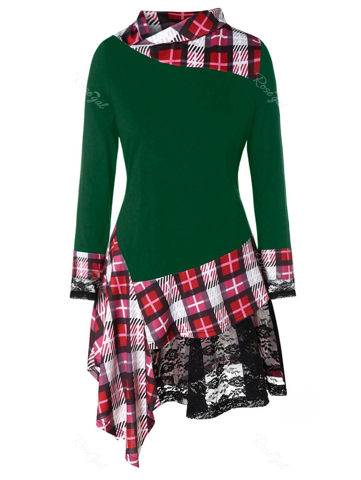 

Plus Size Lace Insert Irregular Plaid T-shirt, Pine green